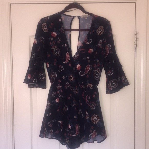 Papaya navy floral faux wrap look short romper, sm - Picture 1 of 4